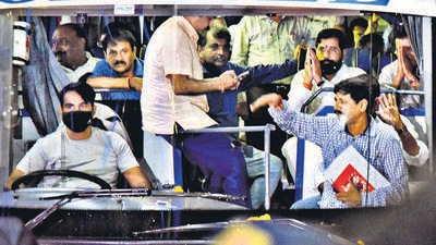 Eknath Shinde and rebel Shiv Sena MLAs leave from the airport after arriving from Goa, in Mumbai, India, on Saturday (Vijay Bate) Eknath Shinde and rebel Shiv Sena MLAs leave from the airport after arriving from Goa, in Mumbai, India, on Saturday (Vijay Bate)