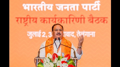 BJP national president JP Nadda addresses the BJP's National Executive meeting, in Hyderabad. (PTI) BJP national president JP Nadda addresses the BJP's National Executive meeting, in Hyderabad. (PTI)