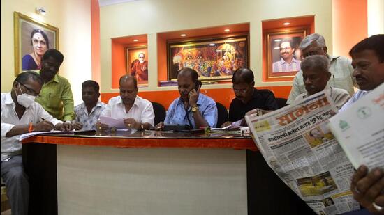 Mumbai, India - July 02, 2022: A branch office seen bustling with regular activity after the recent political twist in Maharashtra as party workers gather at Shiv Sena Shakha of Late Vitthal Chavan, at Parel, in Mumbai, India, on Saturday, July 02, 2022. (Photo by Anshuman Poyrekar/Hindustan Times) (Anshuman Poyrekar/HT PHOTO) Mumbai, India - July 02, 2022: A branch office seen bustling with regular activity after the recent political twist in Maharashtra as party workers gather at Shiv Sena Shakha of Late Vitthal Chavan, at Parel, in Mumbai, India, on Saturday, July 02, 2022. (Photo by Anshuman Poyrekar/Hindustan Times) (Anshuman Poyrekar/HT PHOTO)