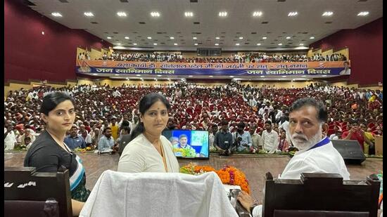 Union minister Anupriya Patel along with her sister Aman at an event on her father and Apna Dal founder Sonelal Patel’s birth anniversary. (SOURCED IMAGE)