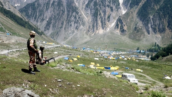 Indo-Tibetan Border Police Force (ITBP) personnel take position to keep vigil at Baltal near the main base camp for holy Amarnath Yatra in Ganderbal district. (ANI File Photo)