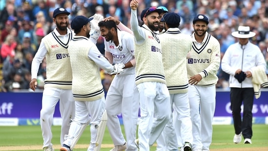 India's Jasprit Bumrah, centre, is congratulated by teammates after dismissing England's Ollie Pope during the second day of the fifth Test(AP)