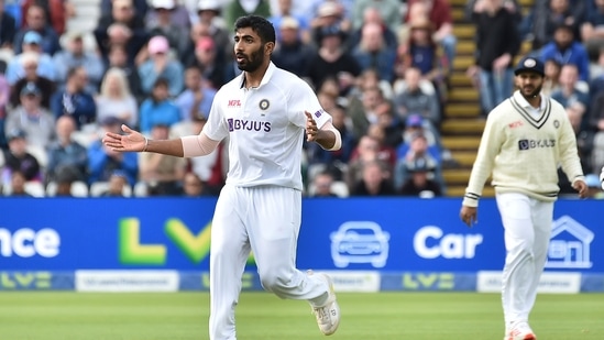 India's Jasprit Bumrah reacts after bowling during the second day of the fifth Test(AP)