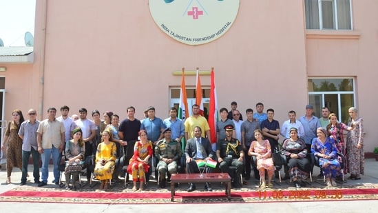 The staff of India-Tajikistan Friendship Hospital at Bokhtar, near Dushanbe pose for a photograph.