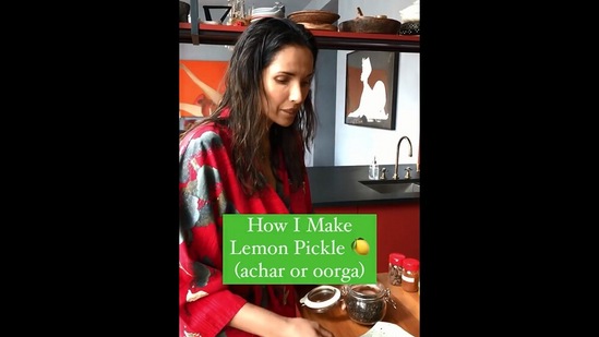 The image, taken from the Instagram video, shows Padma Lakshmi&nbsp;preparing pickle.(Instagram/@padmalakshmi)