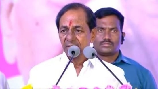 Telangana chief minister KCR speaking on Saturday at an event welcoming Yashwant Sinha to the state.