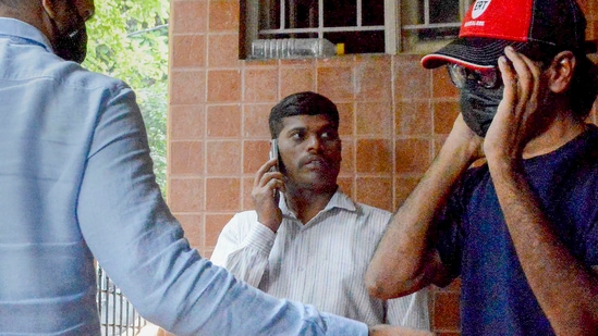 Bengaluru: Mohammed Zubair, the co-founder of fact-checking website Alt News, being brought by the Delhi Police to Bengaluru, Thursday, June 30, 2022, as part of their investigation into a 2018 tweet. (PTI Photo)&nbsp;(PTI)