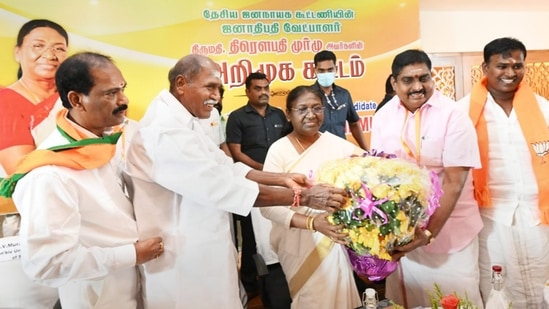 Droupadi Murmu welcomed by Puducherry chief minister N Rangasamy in Puducherry on Saturday, July 2, 2022. (PTI Photo)