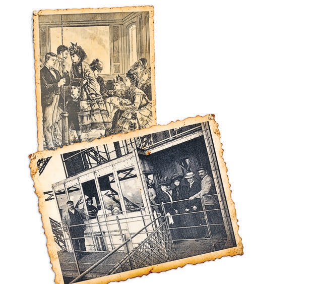 A sketch of shoppers in an elevator at a Manhattan department store in 1873, and exposed elevators at the Eiffel Tower in the 1920s. A sketch of shoppers in an elevator at a Manhattan department store in 1873, and exposed elevators at the Eiffel Tower in the 1920s.