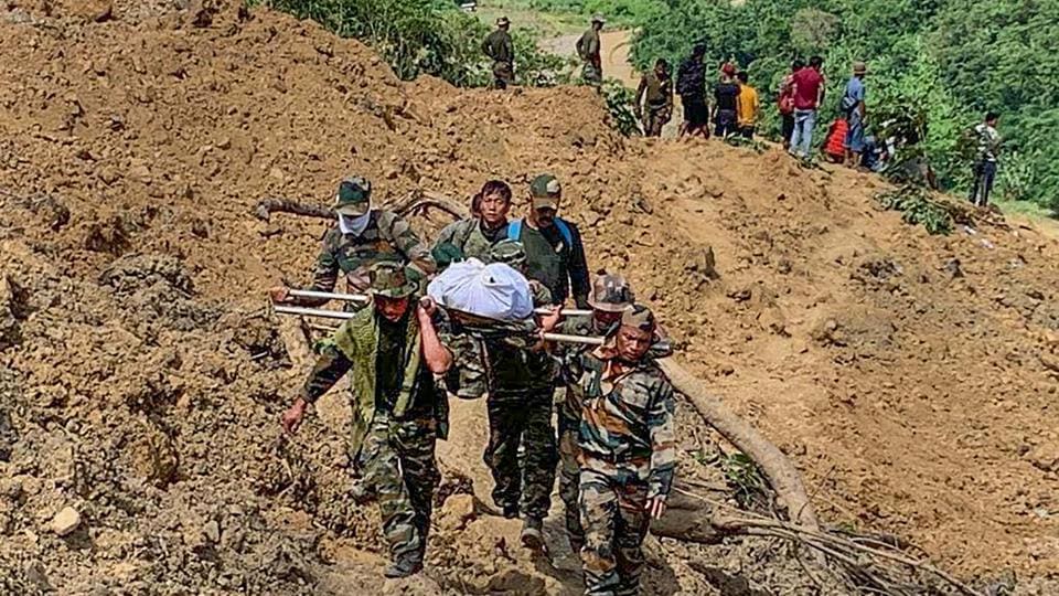 The search operation for the survivors of the massive landslide in Manipur’s Noney district. (PTI) The search operation for the survivors of the massive landslide in Manipur’s Noney district. (PTI)