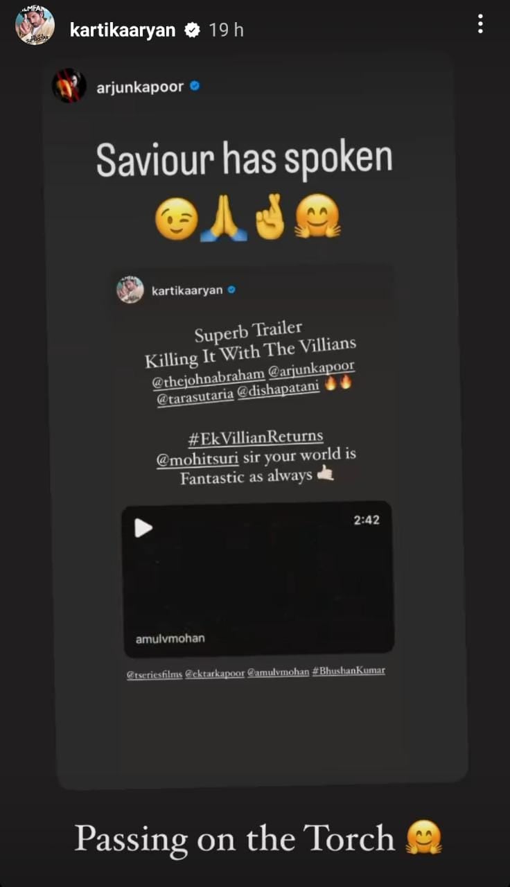 Kartik Aaryan shared a post of appreciation for Arjun Kapoor's Ek Villain Returns trailer.&nbsp;