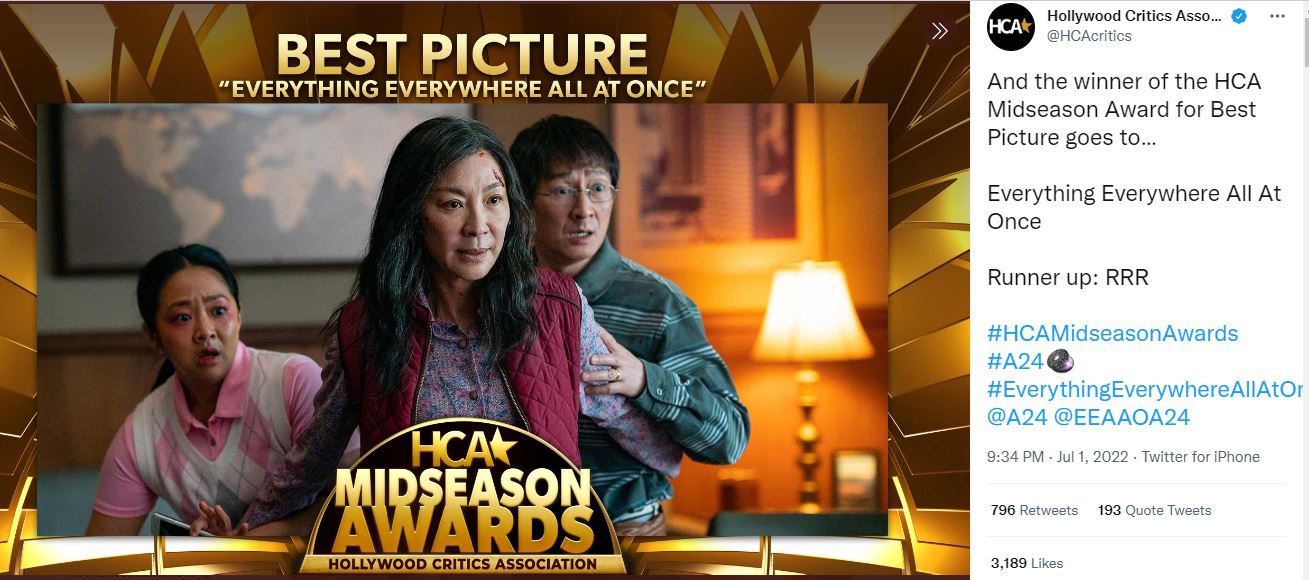 Hollywood Critics Association announced that the award.