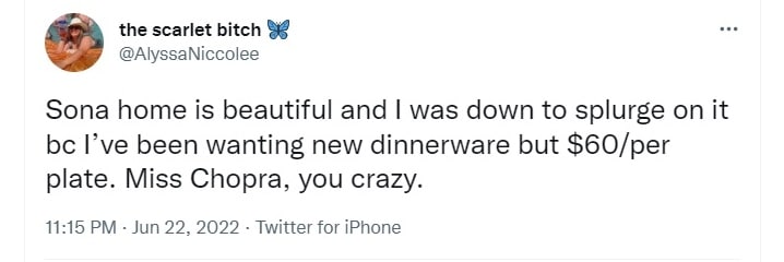 Another commented on the price of dinnerware. Another commented on the price of dinnerware. 