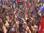 Bengaluru: Pourakarmikas (safai karamchari) shout slogans during their statewide indefinite strike demanding regularization of their services, dignified working conditions, post-retirement benefits and other welfare measures, at Freedom Park in Bengaluru, Friday, July 1, 2022.(PTI) Bengaluru: Pourakarmikas (safai karamchari) shout slogans during their statewide indefinite strike demanding regularization of their services, dignified working conditions, post-retirement benefits and other welfare measures, at Freedom Park in Bengaluru, Friday, July 1, 2022.(PTI)