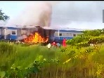 Visuals showed the engine in flames and smoke billowing while the journey to the destination came to a halt.(ANI video screengrab) Visuals showed the engine in flames and smoke billowing while the journey to the destination came to a halt.(ANI video screengrab)