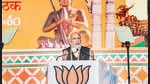 Prime Minister Narendra Modi addresses the concluding session of the BJP's national executive meeting in Hyderabad on Sunday. (PTI)