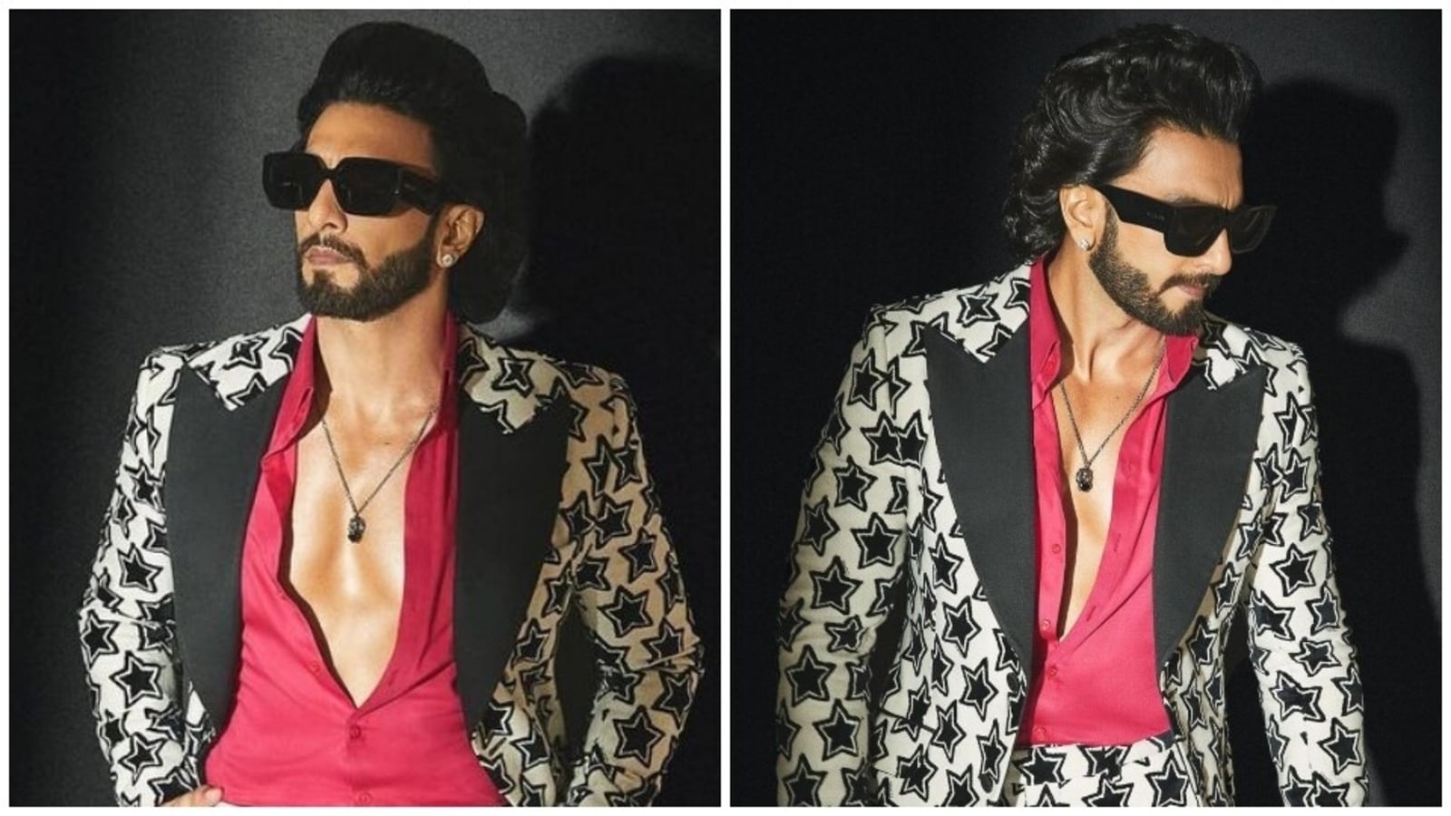 Ranveer Singh wears a black leather jacket and cool sunglasses