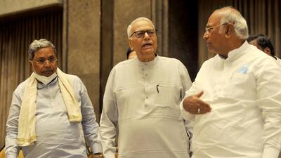 Opposition's Presidential candidate Yashwant Sinha with Congress leaders Mallikarjuna Kharge and Siddaramaiah at the Congress Legislative Party (CLP) meeting, in Bengaluru on Sunday. (Agencies) Opposition's Presidential candidate Yashwant Sinha with Congress leaders Mallikarjuna Kharge and Siddaramaiah at the Congress Legislative Party (CLP) meeting, in Bengaluru on Sunday. (Agencies)