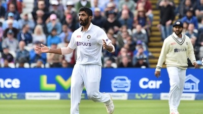 India's Jasprit Bumrah reacts after bowling during the second day of the fifth cricket test match between England and India (AP) India's Jasprit Bumrah reacts after bowling during the second day of the fifth cricket test match between England and India (AP)