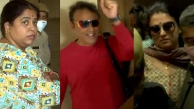 Naresh's wife Ramya Raghupathi (extreme left) attacked him and actor Pavithra Lokesh (right) on Sunday. Naresh's wife Ramya Raghupathi (extreme left) attacked him and actor Pavithra Lokesh (right) on Sunday.
