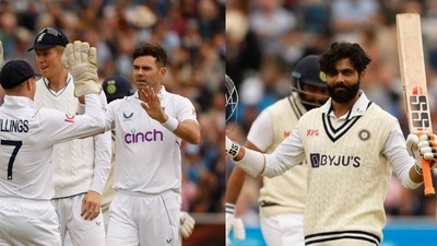 James Anderson with his teammates; Ravindra Jadeja