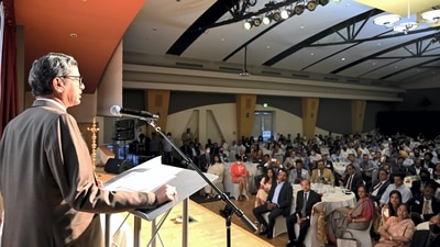 Chief Justice of India N V Ramana addresses the Indian diaspora at an event organised by the Association of Indo Americans, in San Francisco, USA. (PTI) Chief Justice of India N V Ramana addresses the Indian diaspora at an event organised by the Association of Indo Americans, in San Francisco, USA. (PTI)