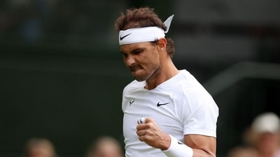 Spain's Rafael Nadal reacts during his third round match against Italy's Lorenzo Sonego&nbsp; (REUTERS)