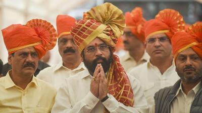 Maharashtra CM Eknath Shinde along with rebel Shiv Sena MLAs arrive for a special session of Maharashtra assembly at Vidhan Bhavan in Mumbai on Sunday. (PTI)