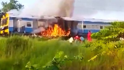 Visuals showed the engine in flames and smoke billowing while the journey to the destination came to a halt. (ANI video screengrab) Visuals showed the engine in flames and smoke billowing while the journey to the destination came to a halt. (ANI video screengrab)