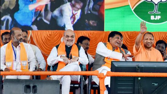 Union ministers Amit Shah and Piyush Goyal, UP CM Yogi Adityanath, Telangana BJP president Bandi Sanjay Kumar and other dignitaries during a public meeting, in Hyderabad, Sunday, July 3, 2022. (PTI Photo)