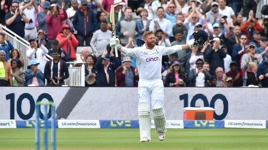 England's Jonny Bairstow celebrates after reaching a century during the third day of the fifth cricket test match between England and India(AP)