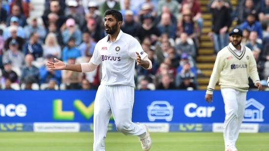 India's Jasprit Bumrah reacts after bowling during the second day of the fifth cricket test match between England and India(AP) India's Jasprit Bumrah reacts after bowling during the second day of the fifth cricket test match between England and India(AP)