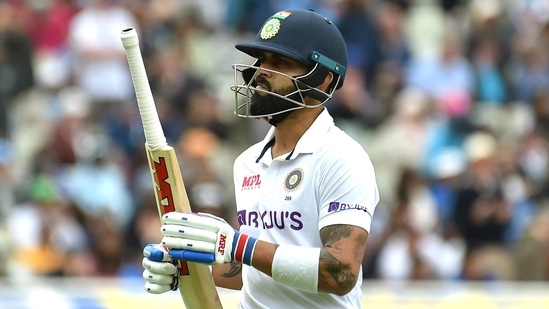 India's Virat Kohli reacts as he walks off the field after losing his wicket to England's Ben Stokes during the third day of the fifth Test(AP)