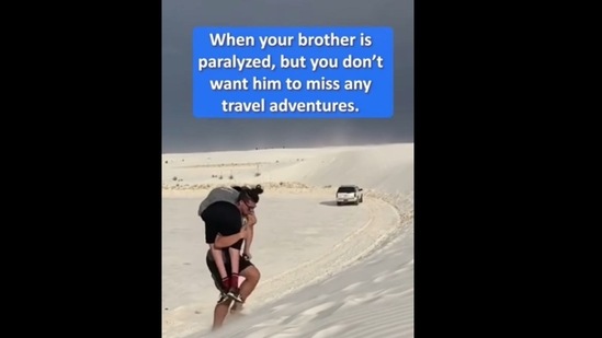 The man carried his brother, who is paralysed, as he didn't want him to miss any travel adventures. (majicallynews/Instagram)