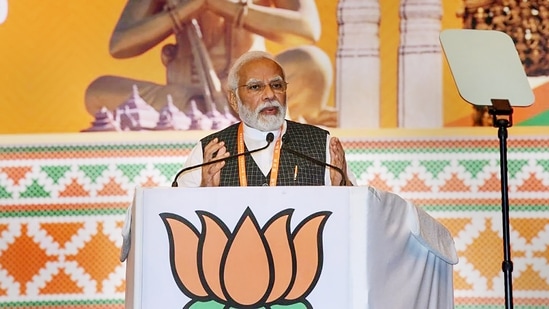 Prime Minister Narendra Modi addresses the concluding session of the BJP's National Executive meeting, in Hyderabad on Sunday.(PTI)