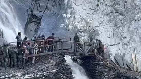 A video shared by the Indian Army showed the military taking part in the reconstruction exercise on a rocky terrain. (ANI video screengrab)