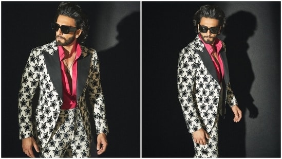 Ranveer styled his black and white printed suit with a pendant-adorned chain, leather-strapped watch, quirky black tinted sunglasses, diamond ear studs, and black suede leather dress shoes. Lastly, a back-swept hairdo and groomed beard rounded off Ranveer's look.(Instagram)