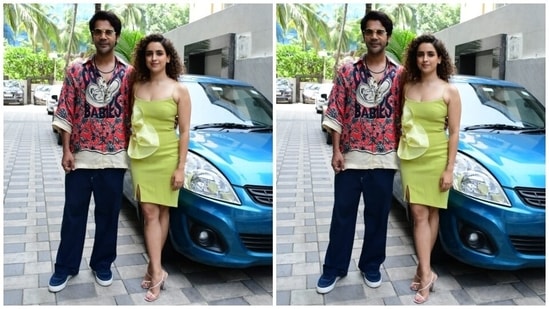 On Sunday, the paparazzi clicked Rajkummar and Sanya outside the T-Series office in Mumbai. The two stars posed and smiled for the cameras. For the outing, Sanya chose a pastel green ensemble.(HT Photo/Varinder Chawla)