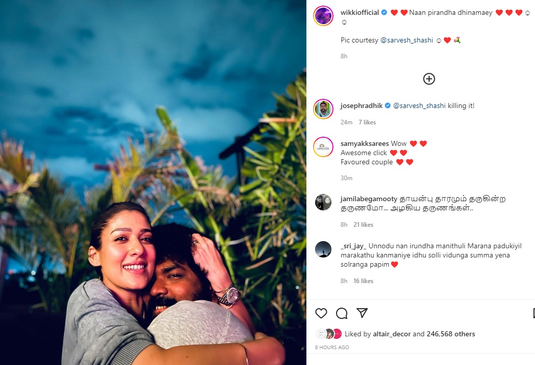 Nayanthara hugs Vignesh Shivan in a new photo the filmmaker shared on Instagram. Nayanthara hugs Vignesh Shivan in a new photo the filmmaker shared on Instagram. 
