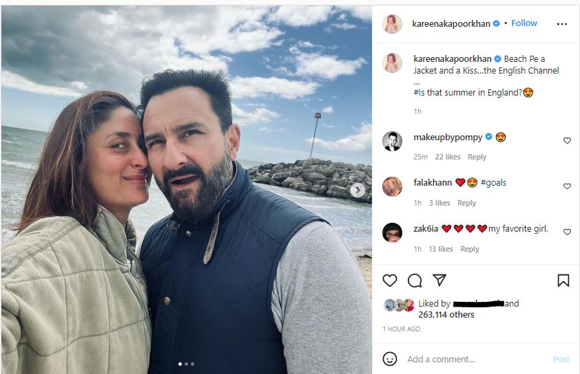 Kareena posted several photos as the duo posed on the beach.