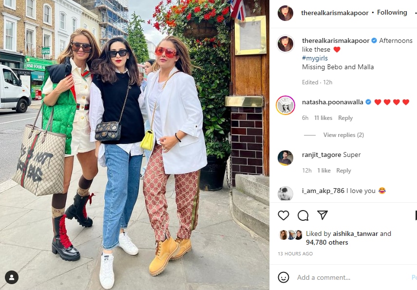Karisma Kapoor poses with Amrita Arora and Natasha Poonawalla in London. Karisma Kapoor poses with Amrita Arora and Natasha Poonawalla in London.