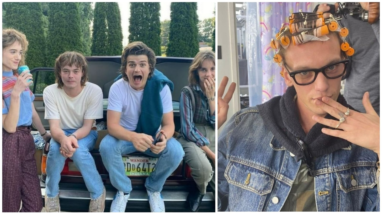 Stranger Things BTS pictures show Vecna chilling with rolls in hair, Jonathan and Steve posing with Nancy