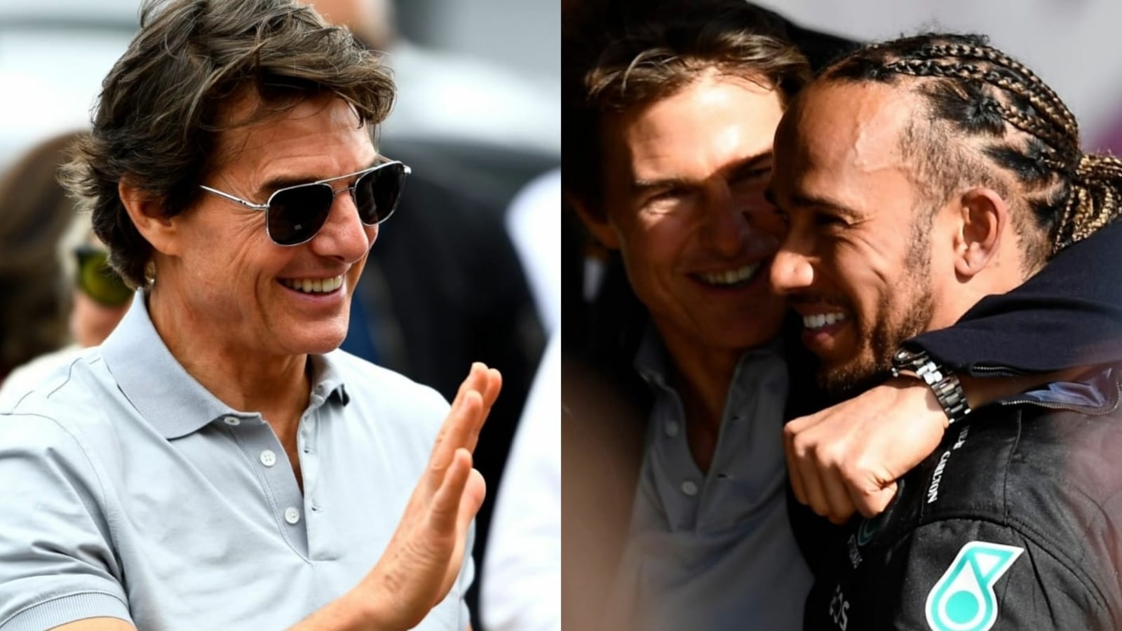 Tom Cruise celebrates his 60th birthday at the British F1 GP and kisses Lewis Hamilton