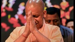 UP chief minister Yogi Adityanath during a press conference on the completion of 100 days of his government in his second tenure, at Lok Bhawan in Lucknow, Monday. (PTIPhoto)