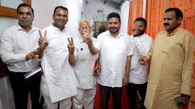 Aam Aadmi Party (AAP) MLA Durgesh Pathak and other legislators arrive to attend the first day of the Monsoon Session of the Delhi Assembly at Vidhan Sabha in New Delhi on Monday. (ANI PHOTO.)