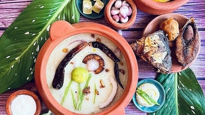 Panta bhat or poita bhat is nothing but simple leftover cooked rice which is soaked and left for fermentation overnight. This dish is perfect for the summer since it cools the digestive system and protects the body from heat. It is widely consumed by the people of rural Bengal, Assam, Odisha, Kerala and Tamil Nadu. It goes well with sides like mashed potatoes, green chillies, onions, lemon, fish fry (preferably hilsa), papad, and roasted red chillies. (Instagram/@the_last_freefall) Panta bhat or poita bhat is nothing but simple leftover cooked rice which is soaked and left for fermentation overnight. This dish is perfect for the summer since it cools the digestive system and protects the body from heat. It is widely consumed by the people of rural Bengal, Assam, Odisha, Kerala and Tamil Nadu. It goes well with sides like mashed potatoes, green chillies, onions, lemon, fish fry (preferably hilsa), papad, and roasted red chillies. (Instagram/@the_last_freefall)