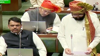 Mumbai, July 03 (ANI): Maharashtra Chief Minister Eknath Shinde speaks during a special session of the State Legislative Assembly, as State Deputy Chief Minister Devendra Fadnavis looks on, in Mumbai on Sunday. (ANI Photo) (ANI) Mumbai, July 03 (ANI): Maharashtra Chief Minister Eknath Shinde speaks during a special session of the State Legislative Assembly, as State Deputy Chief Minister Devendra Fadnavis looks on, in Mumbai on Sunday. (ANI Photo) (ANI)