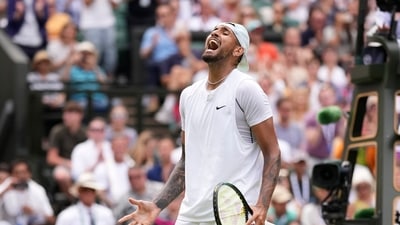 Australia's Nick Kyrgios celebrates after beating Brandon Nakashima of the US (AP) Australia's Nick Kyrgios celebrates after beating Brandon Nakashima of the US (AP)