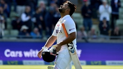 Rishabh Pant reacts as he leaves the field after losing his wicket (AP) Rishabh Pant reacts as he leaves the field after losing his wicket (AP)