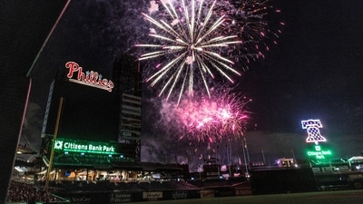 Fireworks erupt in celebration of the Independence Day holiday over Citizens Bank Park after a baseball game between Philadelphia Phillies and St. Louis Cardinals in Philadelphia. (AP) Fireworks erupt in celebration of the Independence Day holiday over Citizens Bank Park after a baseball game between Philadelphia Phillies and St. Louis Cardinals in Philadelphia. (AP)